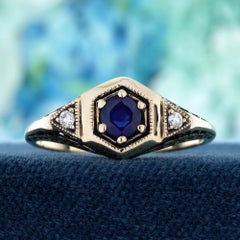 14K Yellow Gold Solid Sapphire Diamond Edwardian Style Hexagon Engagement Ring