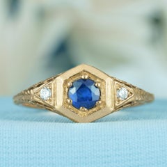 14K Yellow Gold Solid Sapphire Diamond Edwardian Style Hexagon Engagement Ring