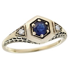 14K Yellow Gold Solid Sapphire Diamond Edwardian Style Hexagon Engagement Ring