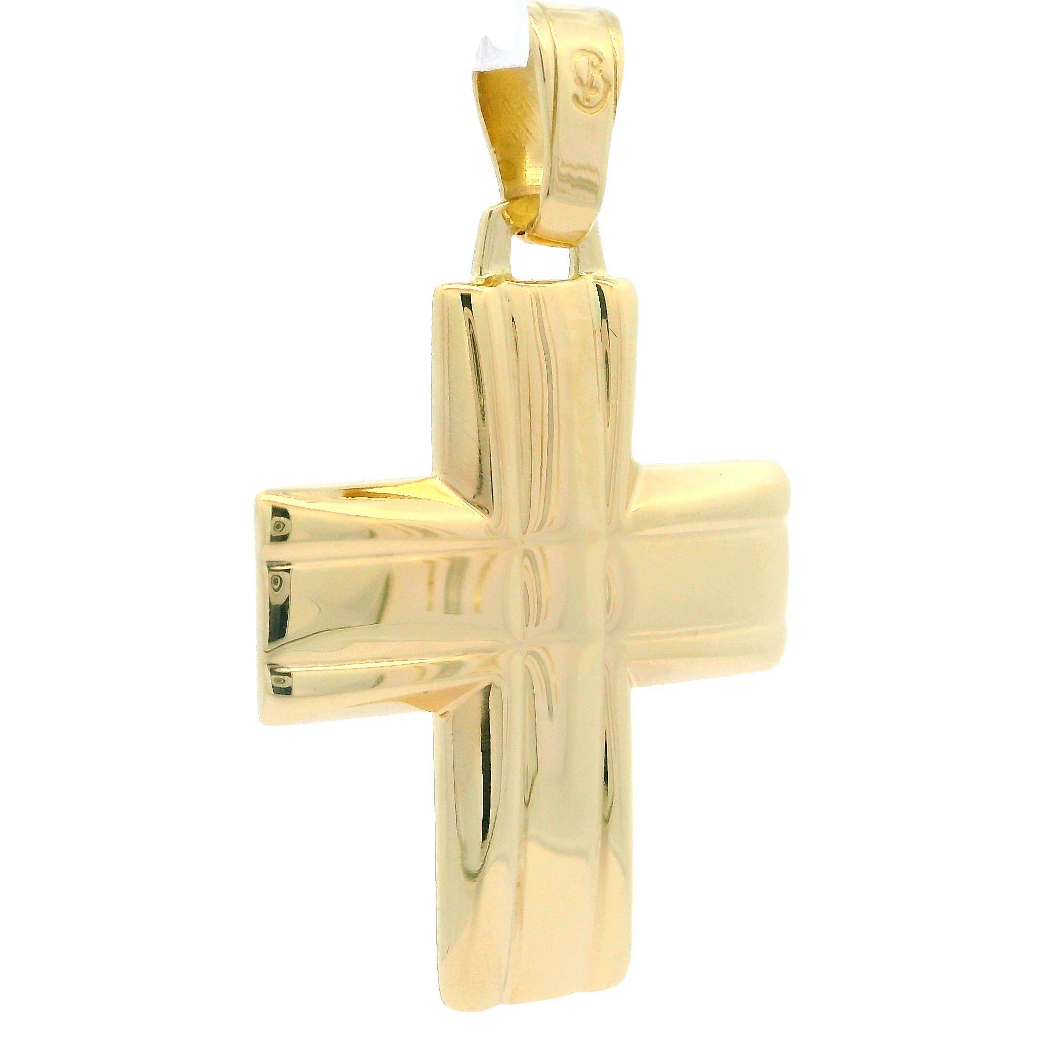 da uomo o donna Ciondolo a forma di croce scanalata in oro giallo 14k, solido e ben fatto, lucidato in vendita