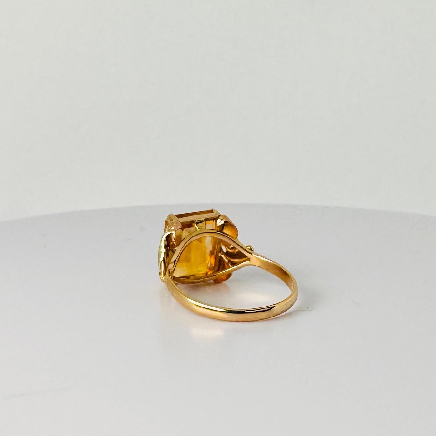 Bague solitaire européenne vintage en or jaune 14 carats avec citrine ocre facettée 1