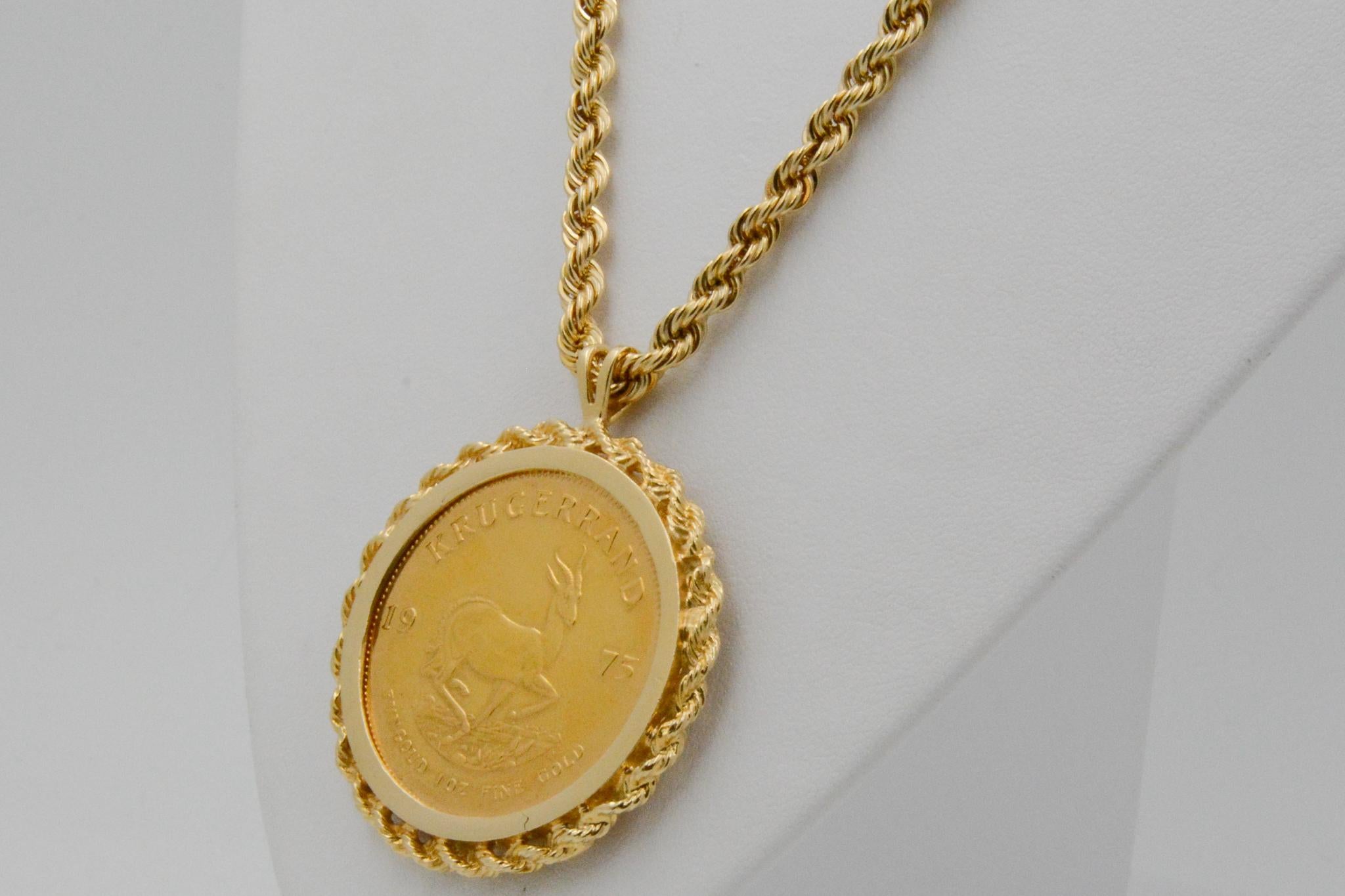 14 Karat Yellow Gold South Africa Krugerrand 1975 Coin Rope Chain 3