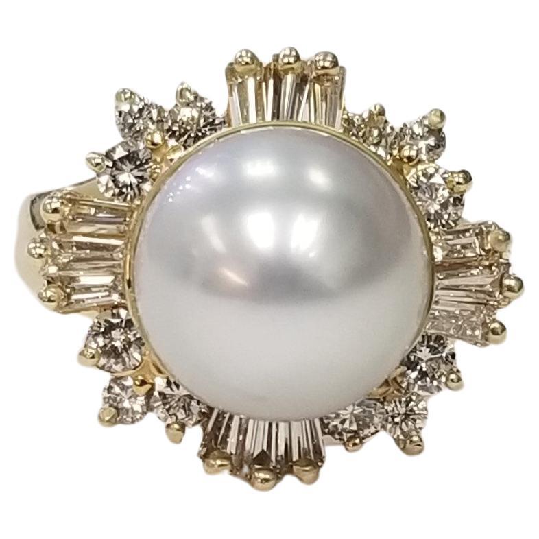 Anillo de Cóctel de Oro Amarillo de 14k Perla del Mar del Sur y Diamantes