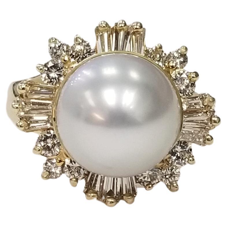 14k Yellow Gold South Sea Pearl and Diamonds Cocktail Ring For Sale