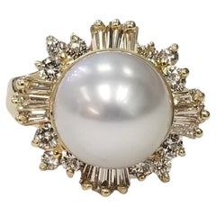 14k Yellow Gold South Sea Pearl and Diamonds Cocktail Ring