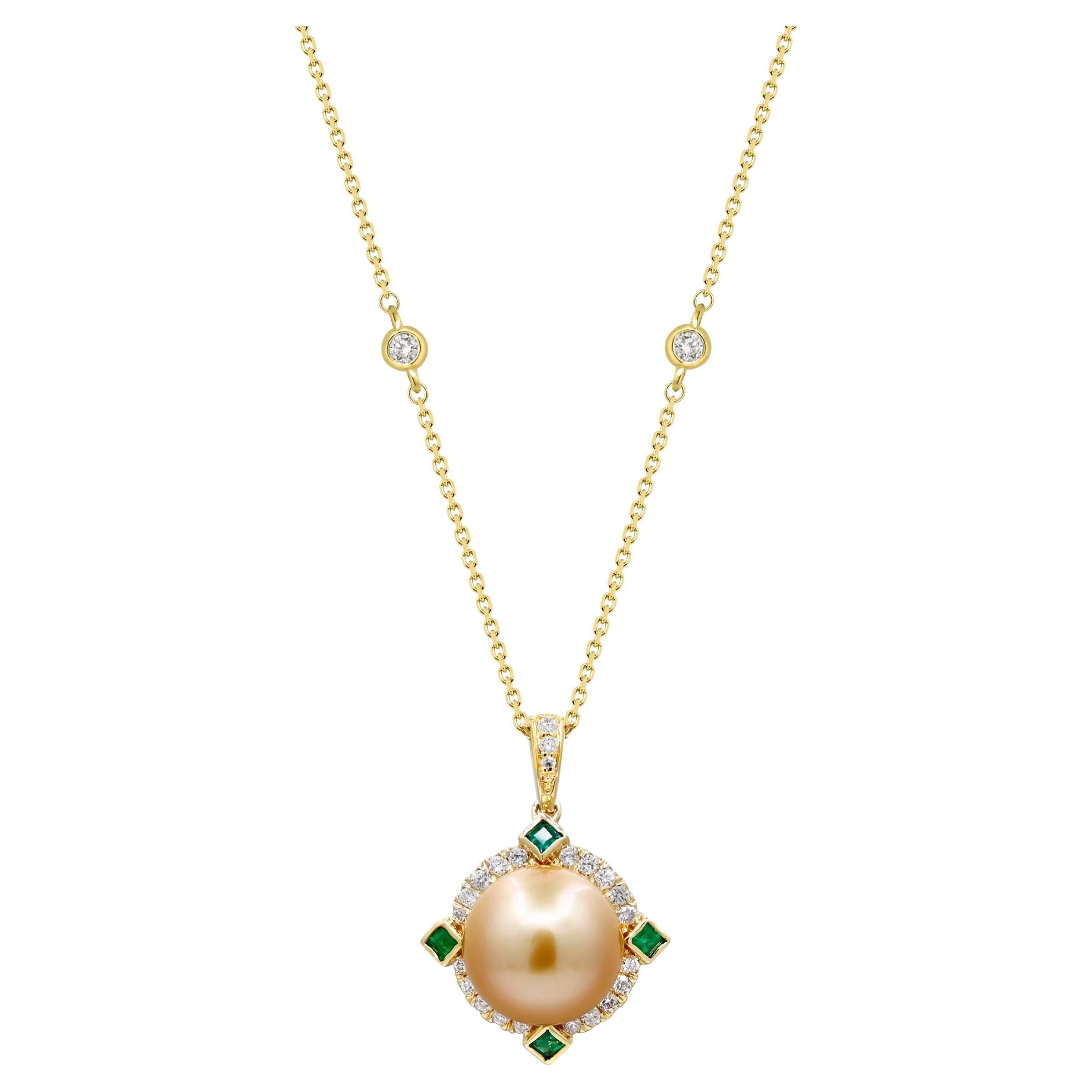 14K Yellow Gold South Sea Pearl Pendant with Emerald & Diamond Halo