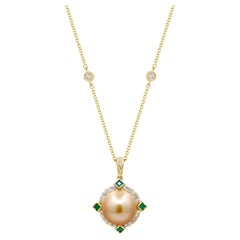 14K Yellow Gold South Sea Pearl Pendant with Emerald & Diamond Halo