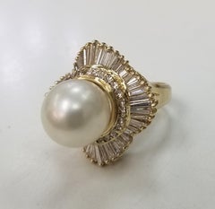 14 Karat Yellow Gold South Sea Pearl with Diamonds Baguette Ballerina
