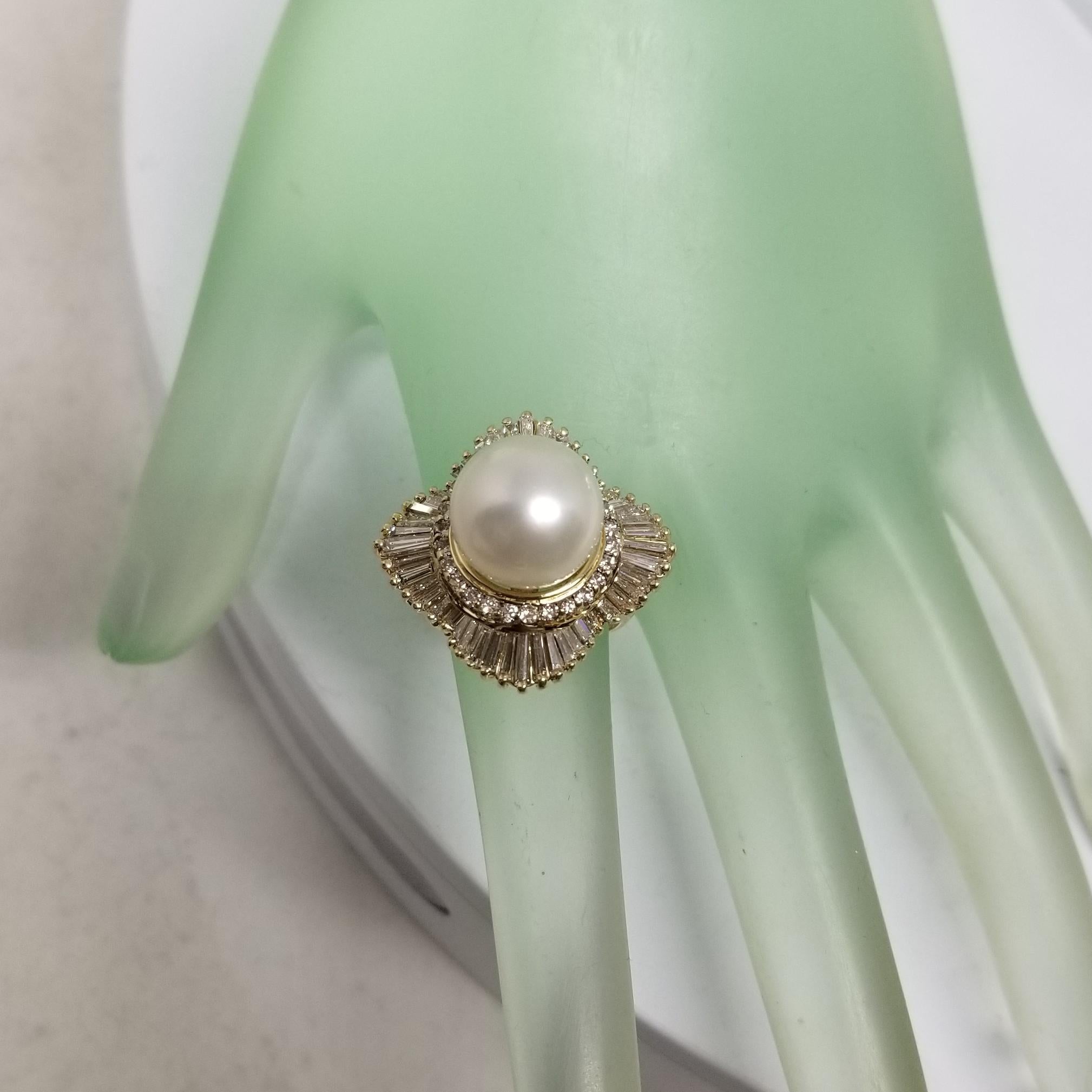 Women's or Men's 14 Karat Yellow Gold South Sea Pearl with Diamonds Baguette Ballerina For Sale