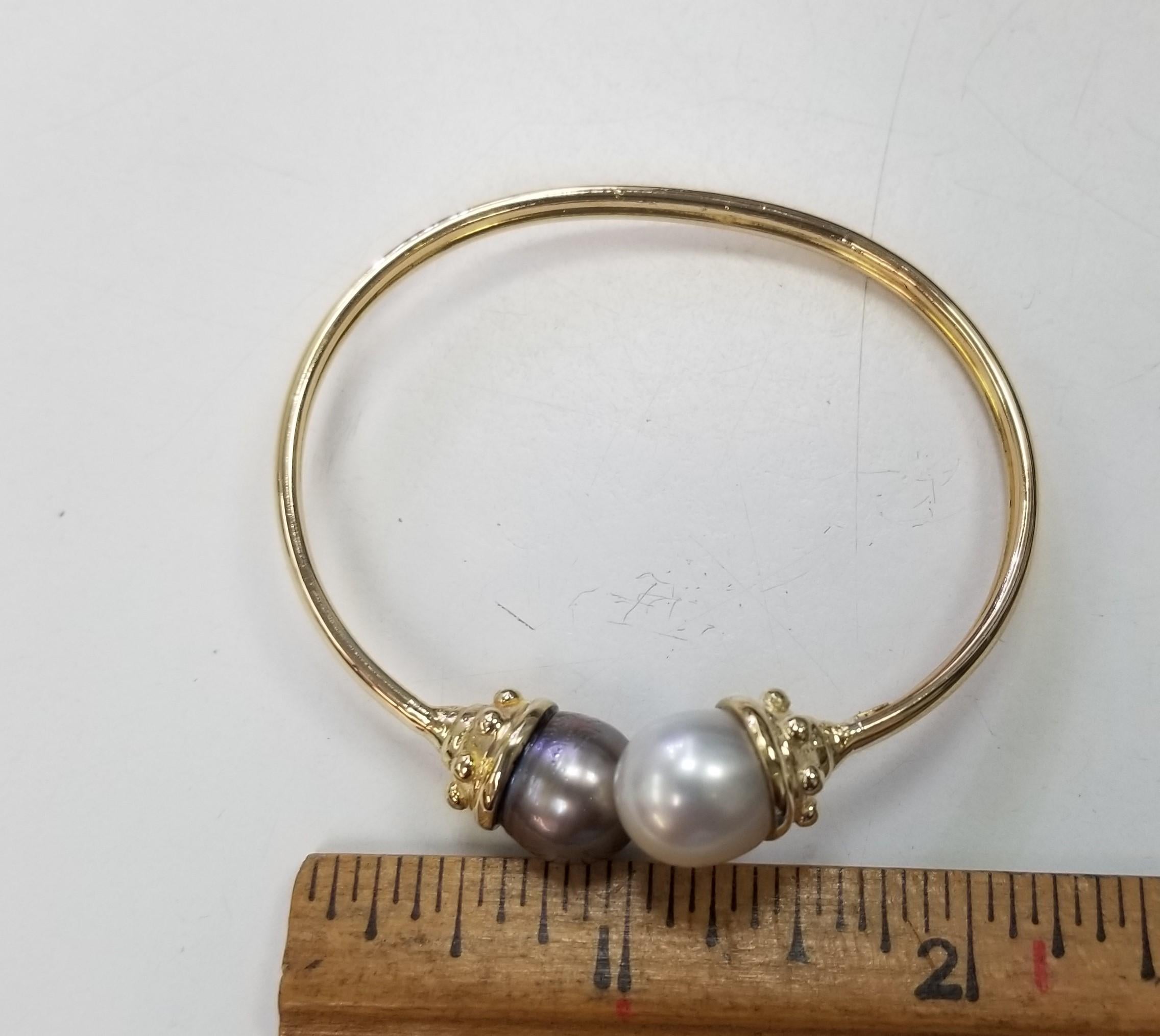 Artist 14k Yellow Gold South Sea White and Grey Pearl Bangle  For Sale