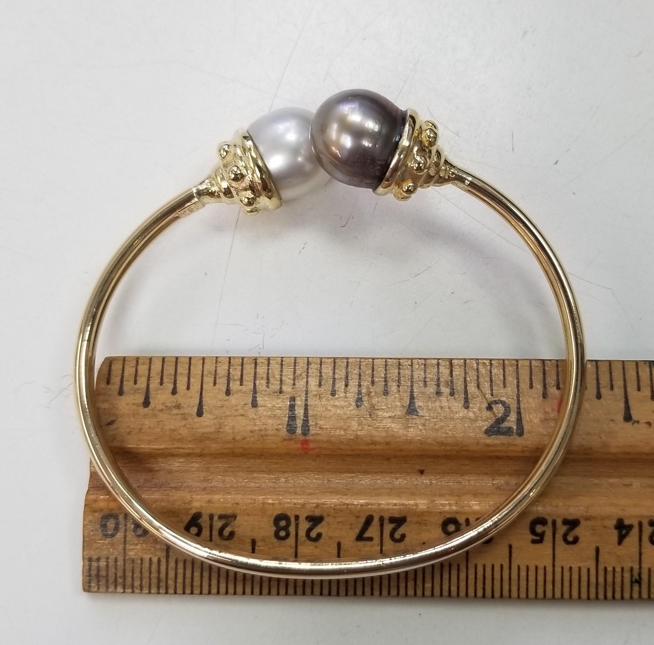 Ball Cut 14k Yellow Gold South Sea White and Grey Pearl Bangle  For Sale
