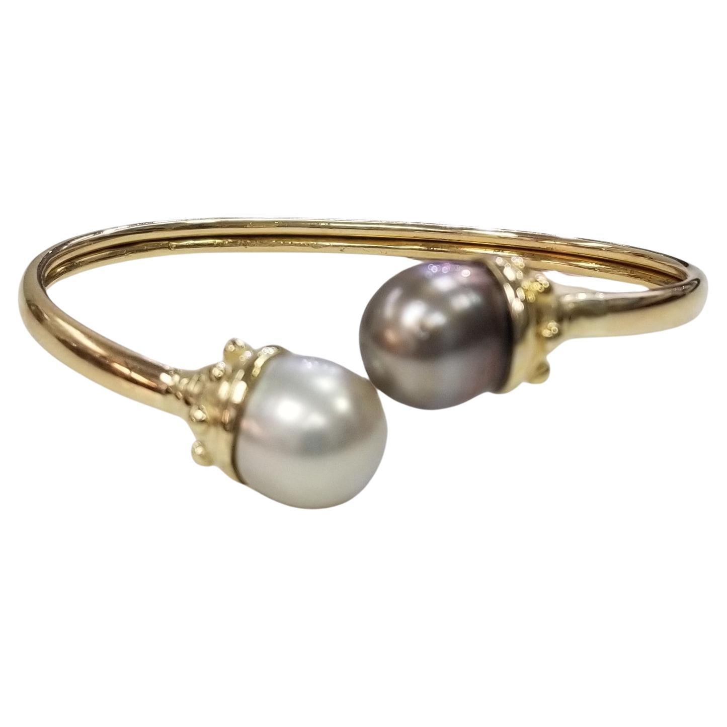 14k Yellow Gold South Sea White and Grey Pearl Bangle  For Sale