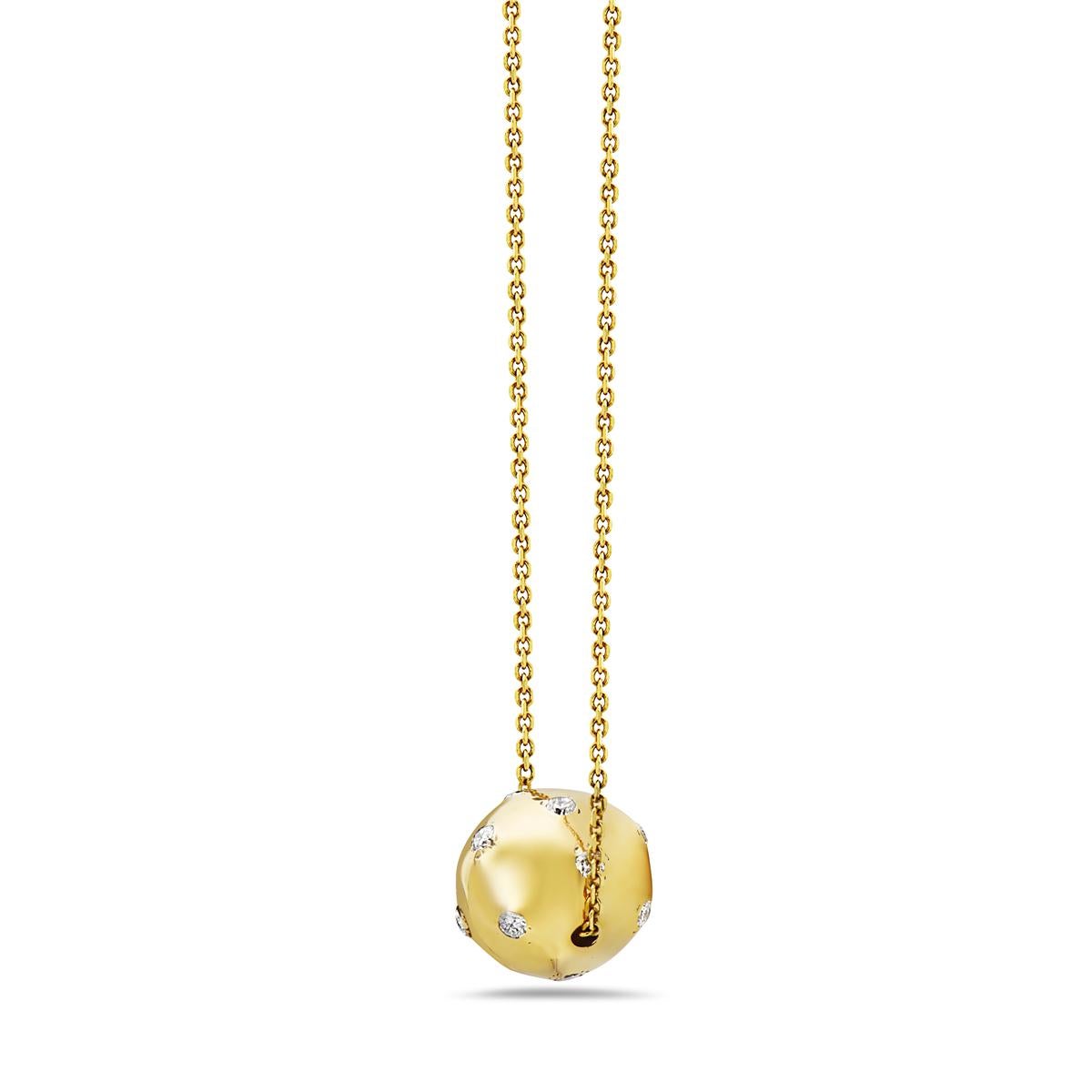 This pendant necklace features a sphere diamond encrusted pendant in 14K yellow gold. Lobster clasp closure. 0.65 carats total weight. 6.2 grams total weight 8 inch chain drop. Made in USA.  