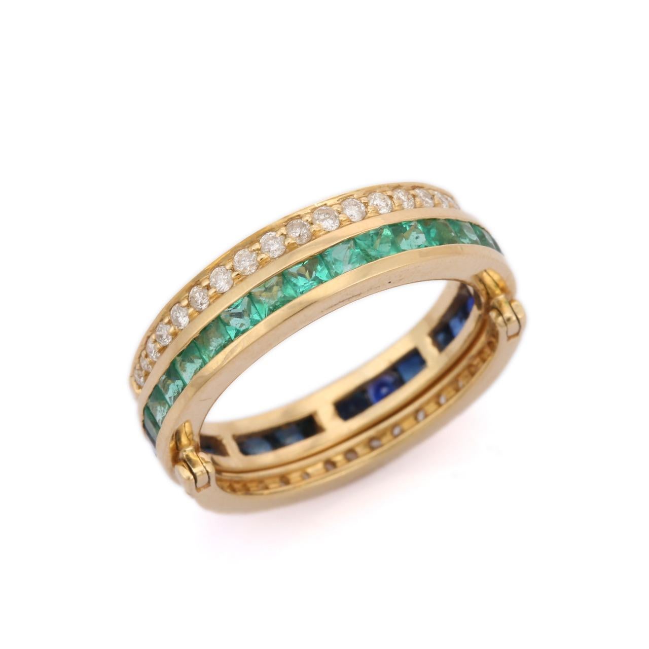 Women's or Men's 14K Yellow Gold Spinner Ring in Sapphire, Emerald and Diamond.