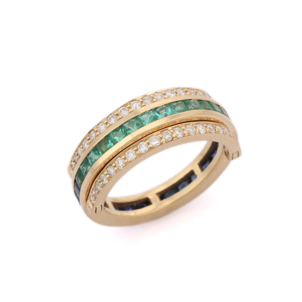 14K Yellow Gold Spinner Ring in Sapphire, Emerald and Diamond. 3
