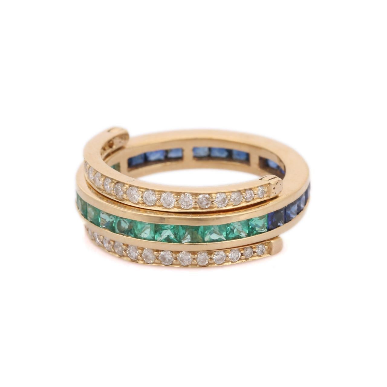 14K Yellow Gold Spinner Ring in Sapphire, Emerald and Diamond. 4
