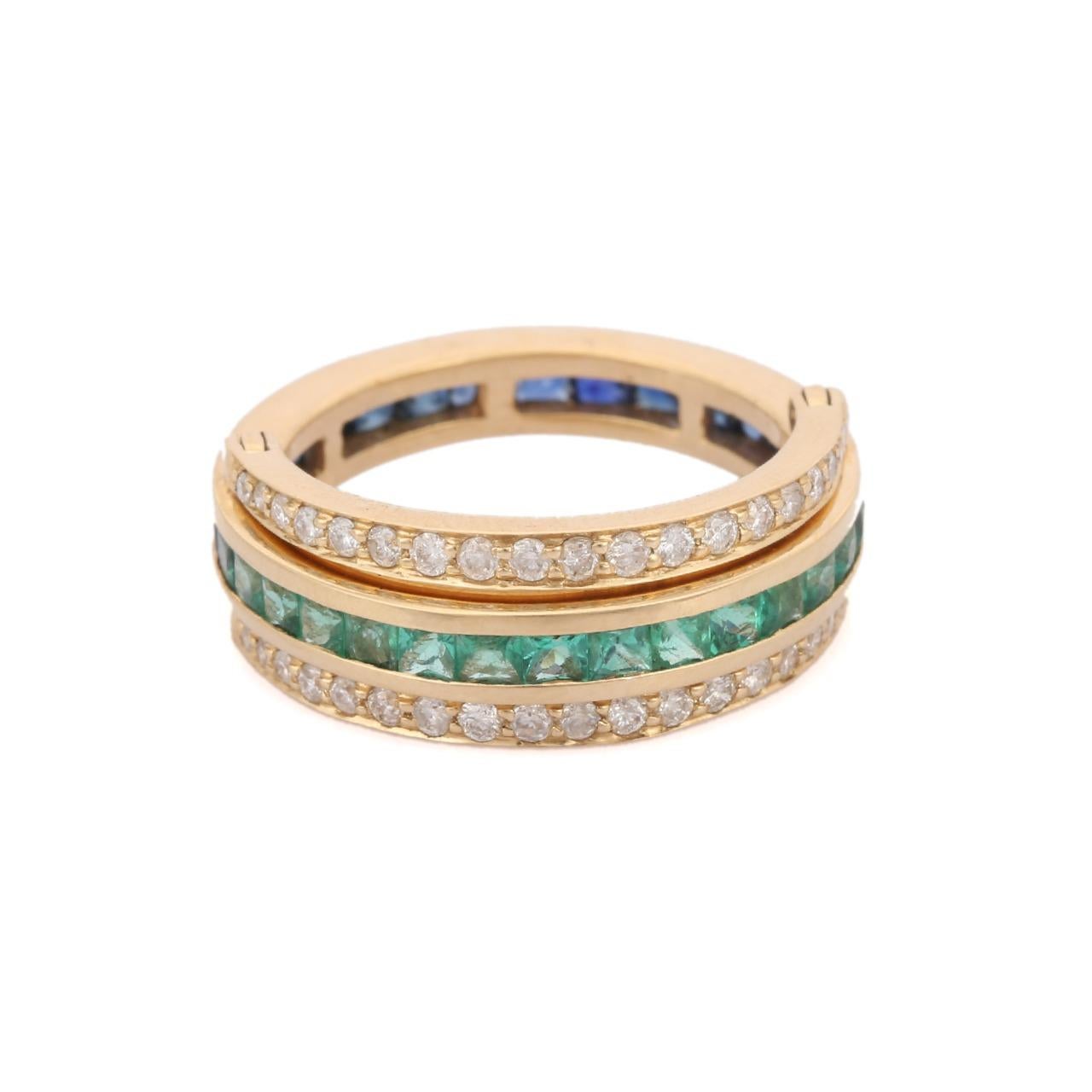 14K Yellow Gold Spinner Ring in Sapphire, Emerald and Diamond. 6