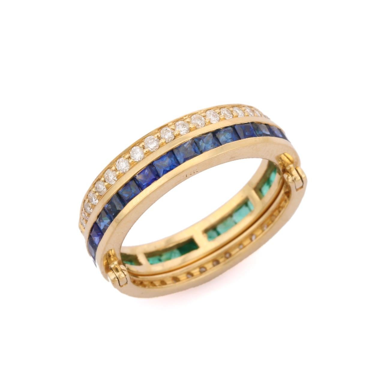 14K Yellow Gold Spinner Ring in Sapphire, Emerald and Diamond. 9