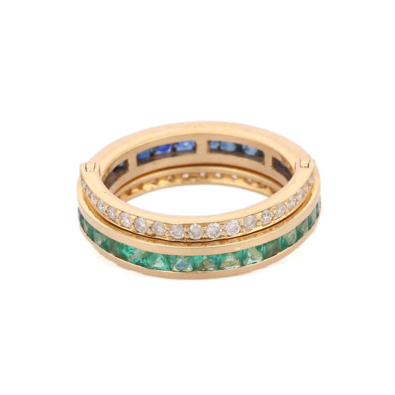 14K Yellow Gold Spinner Ring in Sapphire, Emerald and Diamond. 10