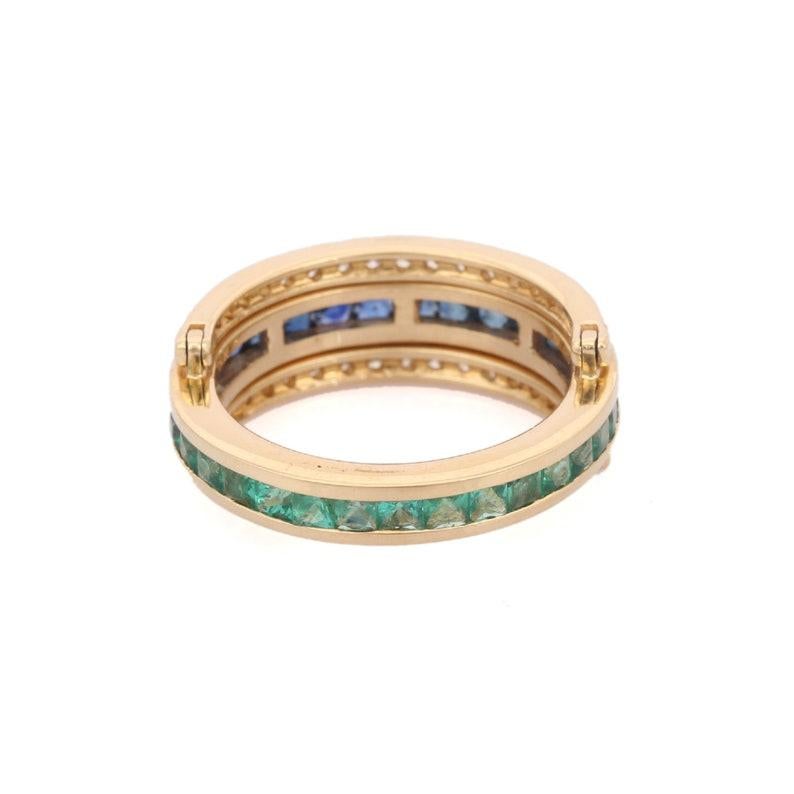 Sapphire, emerald and diamond spinner ring in 14K Gold which perfectly goes with your personality and also helps you to improve your physic power, creativity and body heat that is used to conduct the heat apart from the sensitive parts . 

PRODUCT