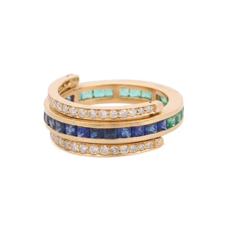 Modern 14K Yellow Gold Spinner Ring in Sapphire, Emerald and Diamond