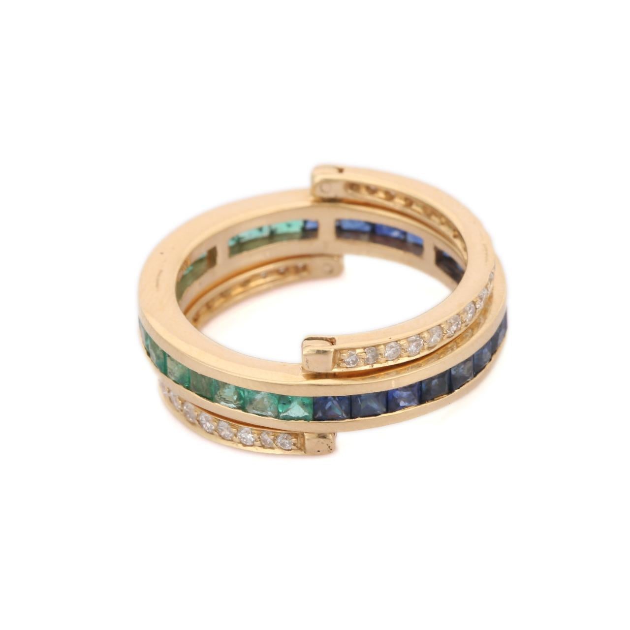 Modern 14K Yellow Gold Spinner Ring in Sapphire, Emerald and Diamond.