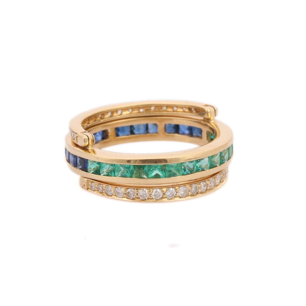 Mixed Cut 14K Yellow Gold Spinner Ring in Sapphire, Emerald and Diamond.
