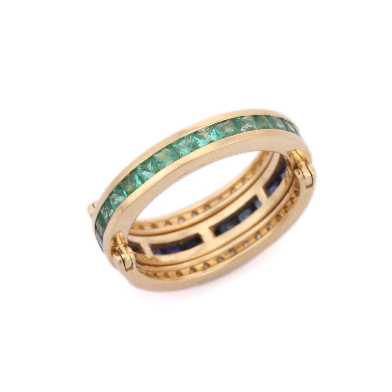 14K Yellow Gold Spinner Ring in Sapphire, Emerald and Diamond. In New Condition In Houston, TX
