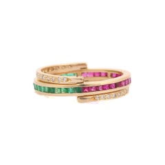 14K Yellow Gold Spinner Ring with Emerald, Ruby and Diamond