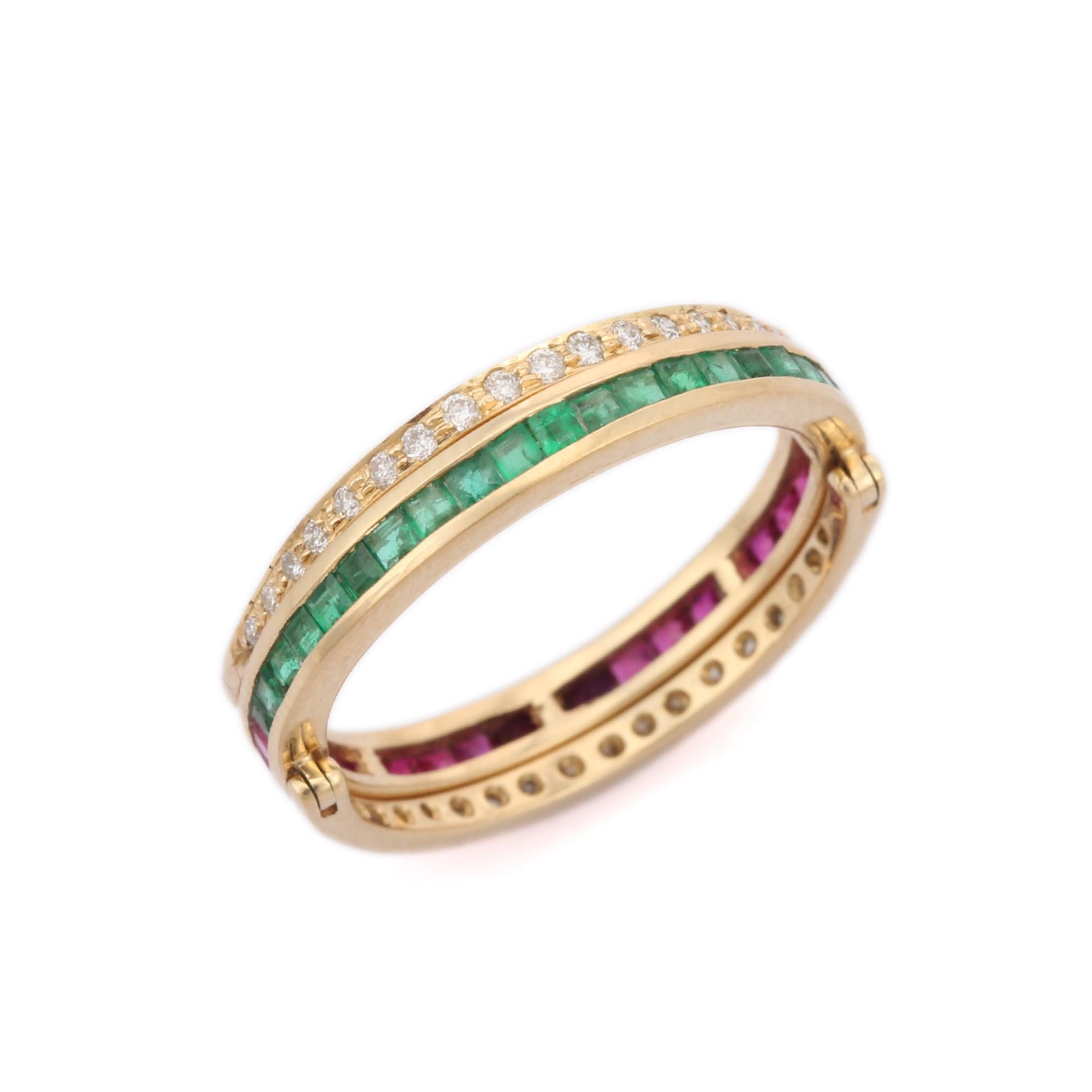 For Sale:  14K Yellow Gold Spinner Ring with Emerald, Ruby and Diamond 7