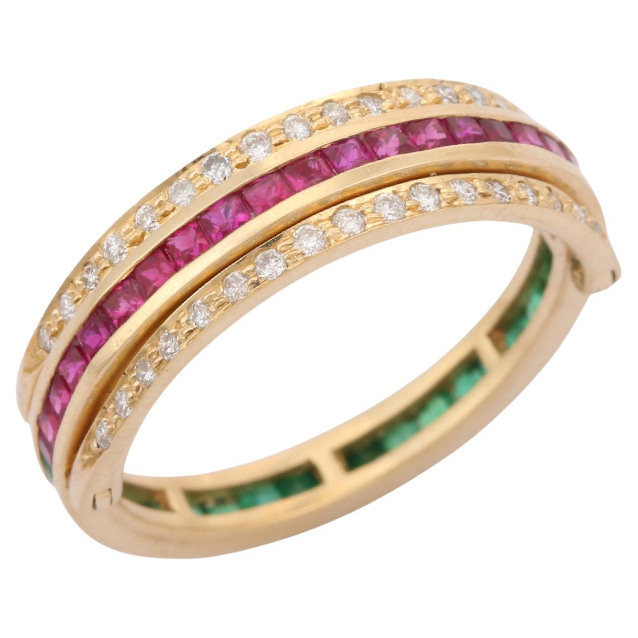 For Sale:  14K Yellow Gold Spinner Ring with Emerald, Ruby and Diamond