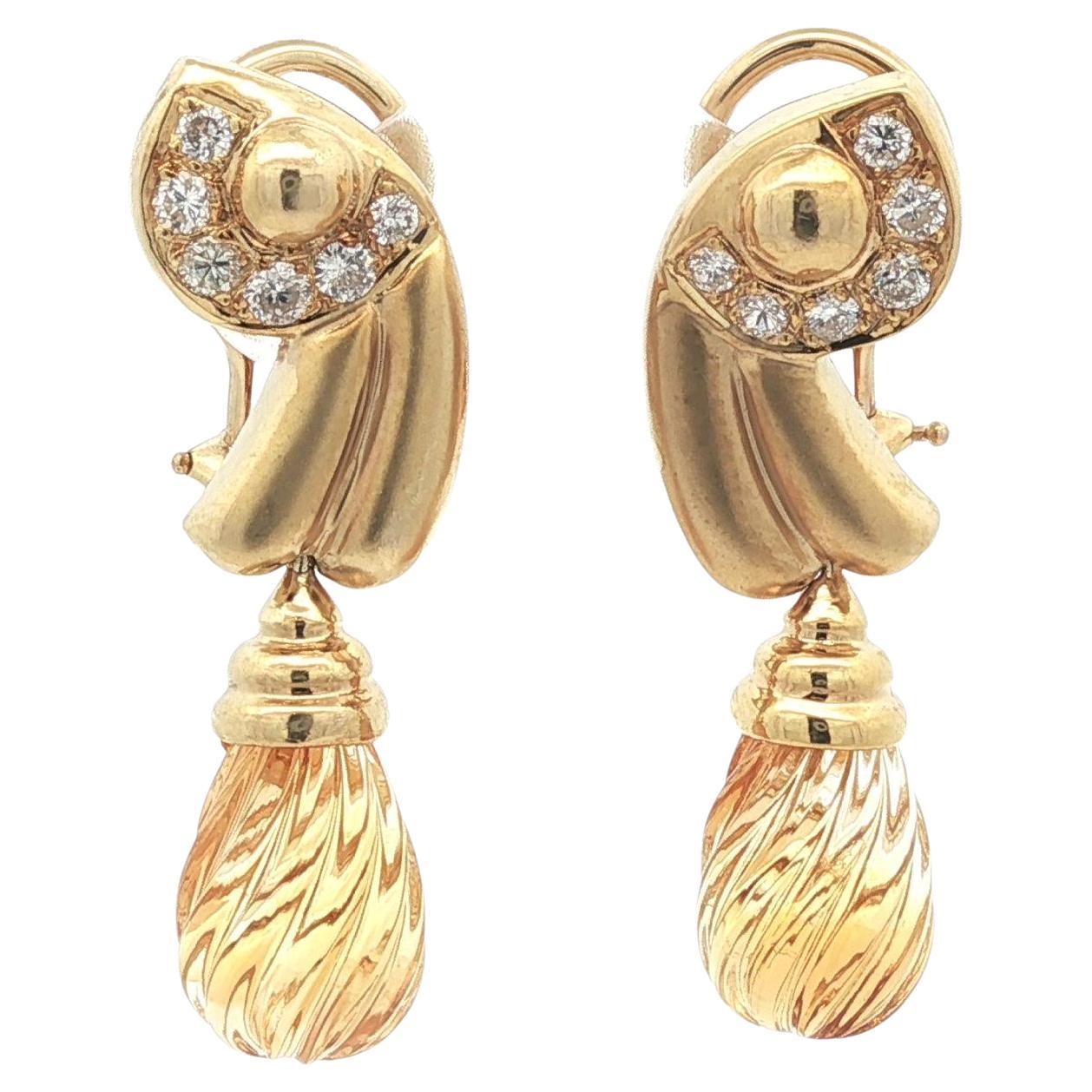 14k Yellow Gold Spiral Carved Teardrop Citrine w/ Diamond Drop Dangle Earrings