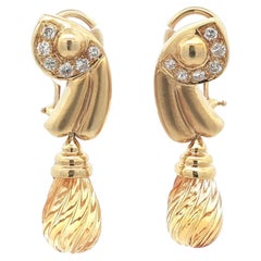14k Yellow Gold Spiral Carved Teardrop Citrine w/ Diamond Drop Dangle Earrings