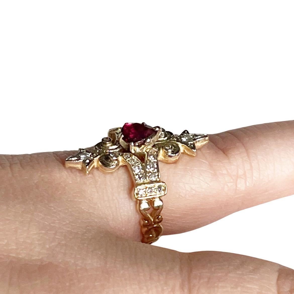 Women's or Men's 14k Yellow Gold Split Shank Filigree Diamond and Red Pear Ruby Gemstone Ring