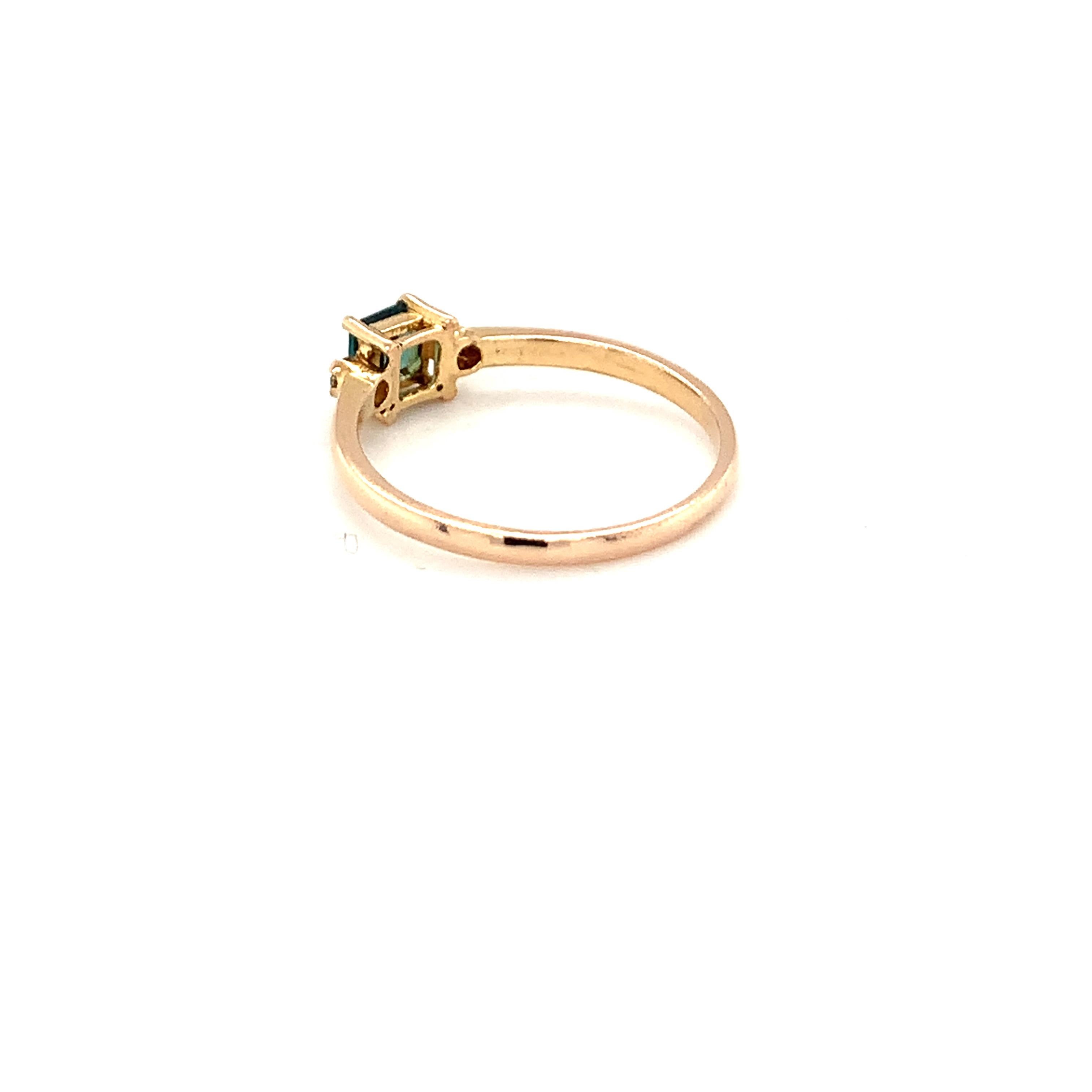 Artisan 14K Yellow Gold Square Cut Green Tourmaline Diamond Ring For Sale