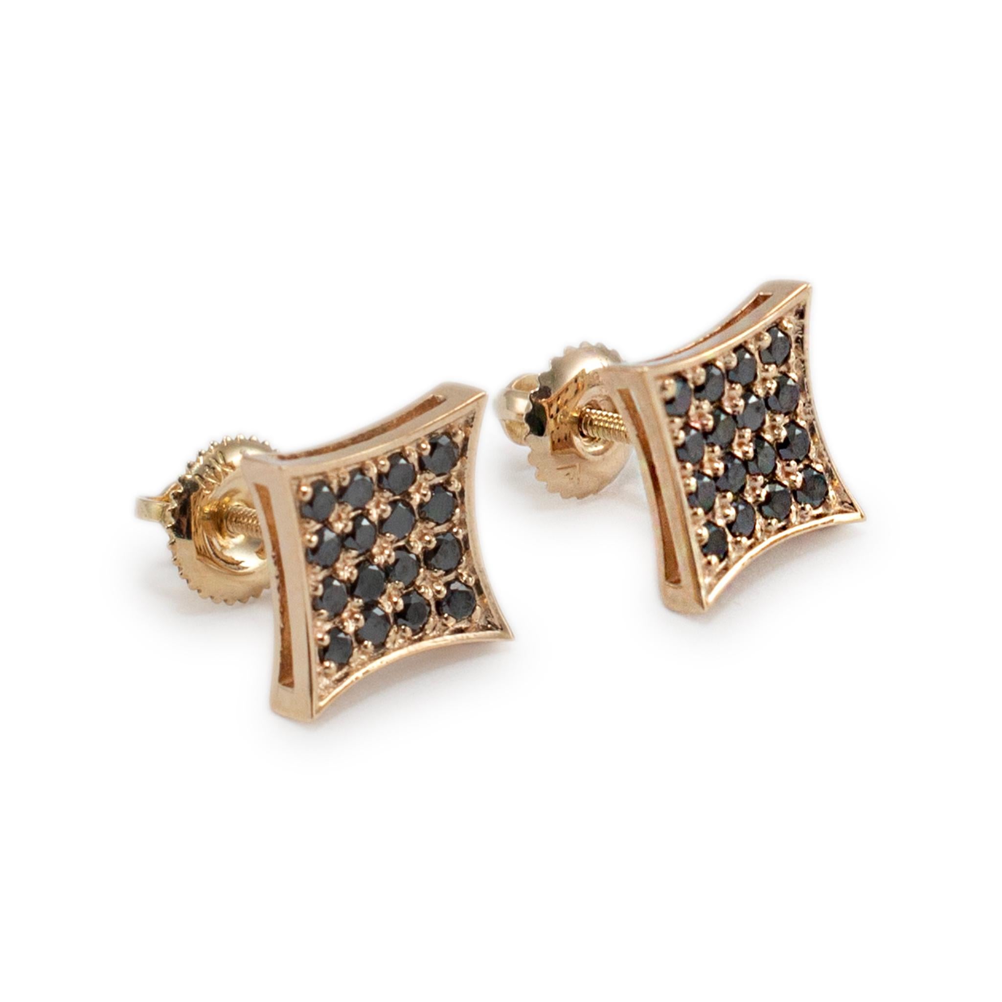 Taglio rotondo Orecchini a vite in oro giallo 14K con pavé di diamanti neri in vendita