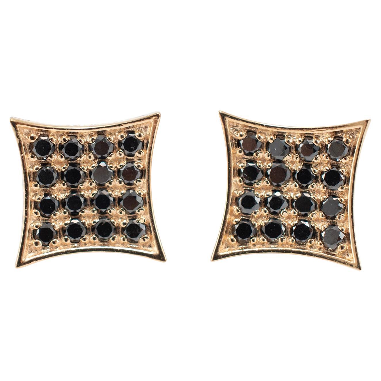 14K Yellow Gold Square Pave Black Diamond Screw Back Stud Earrings