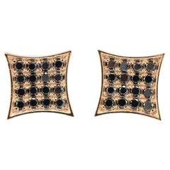 14K Yellow Gold Square Pave Black Diamond Screw Back Stud Earrings