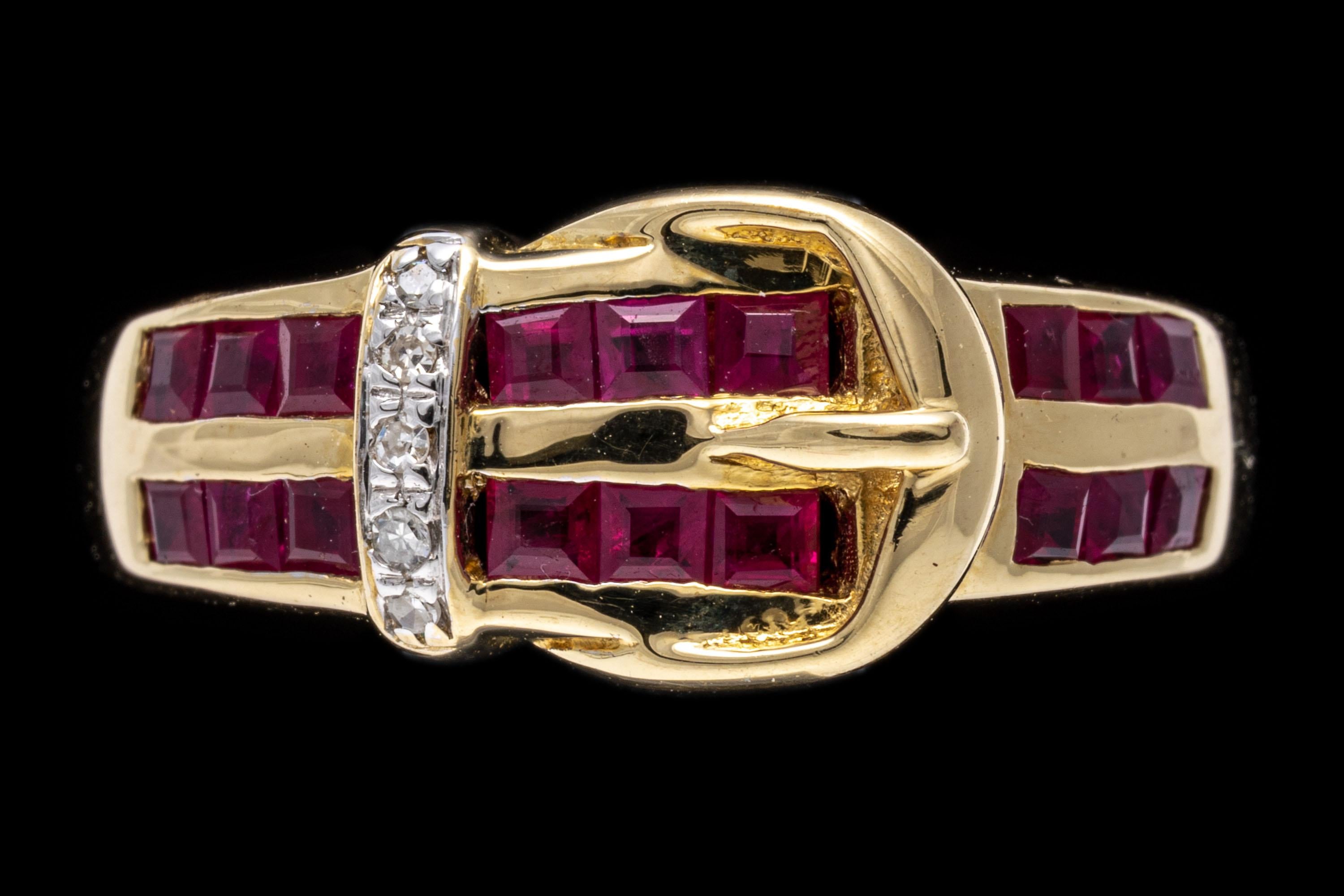14k Yellow Gold Square Ruby and Diamond Buckle Ring For Sale 2