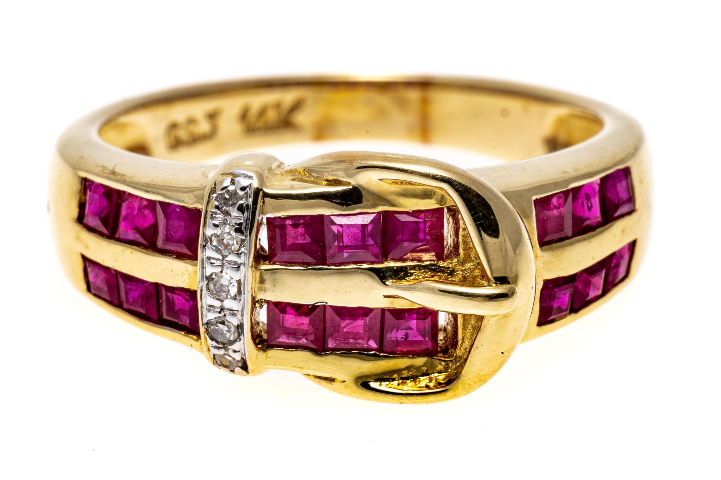 14k Yellow Gold Square Ruby and Diamond Buckle Ring For Sale 2