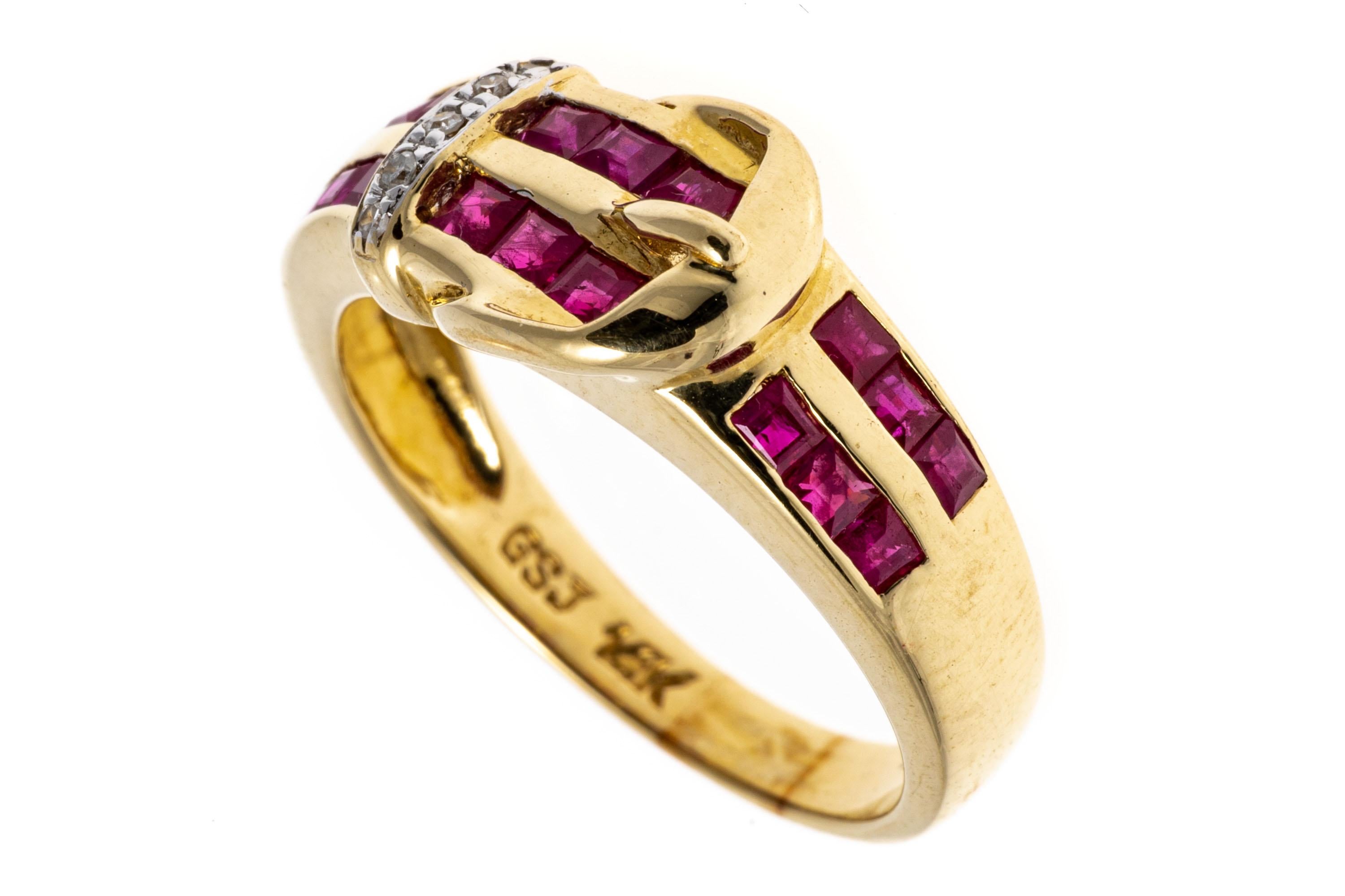 Retro 14k Yellow Gold Square Ruby and Diamond Buckle Ring For Sale