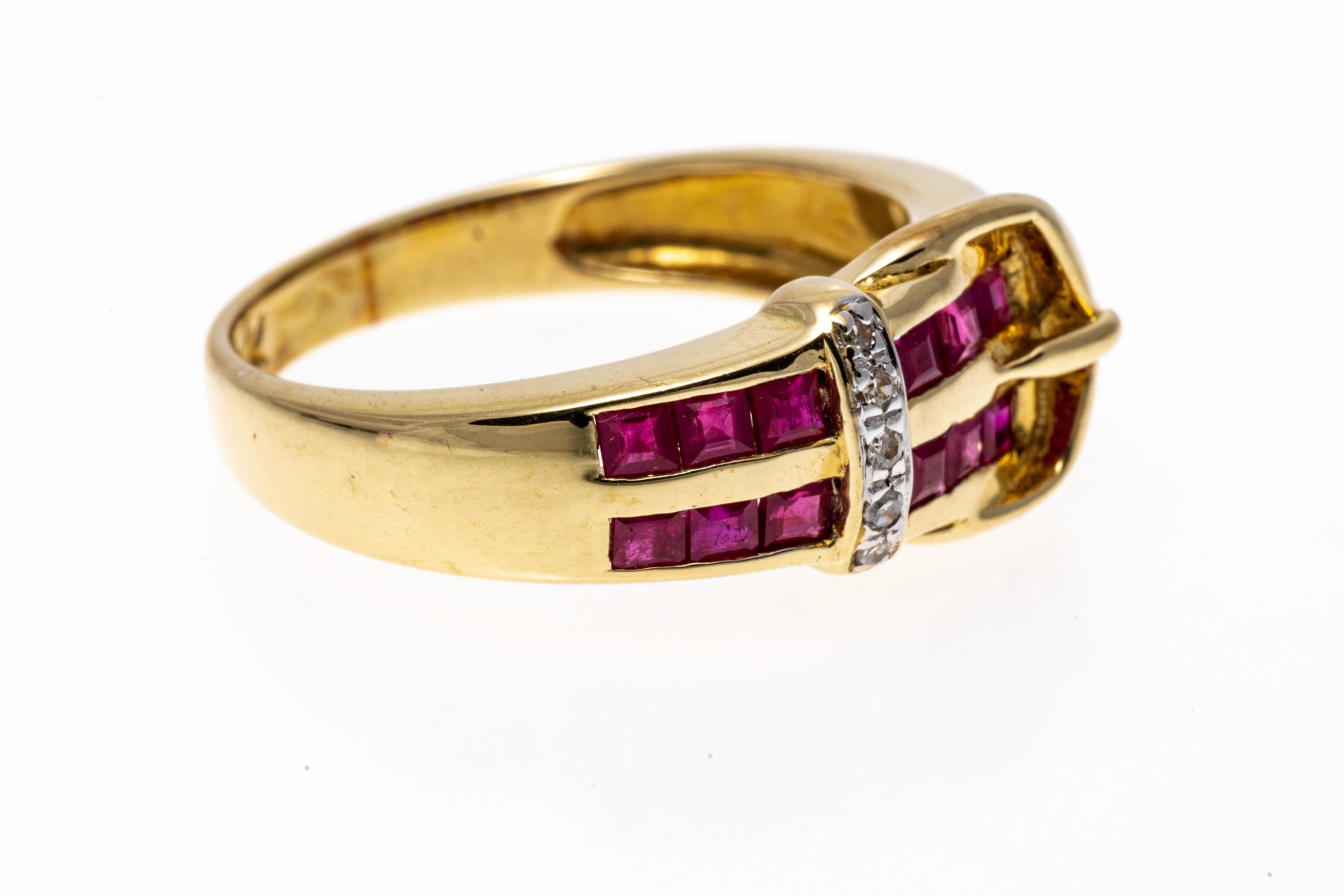 14k Yellow Gold Square Ruby and Diamond Buckle Ring In Good Condition For Sale In Southport, CT