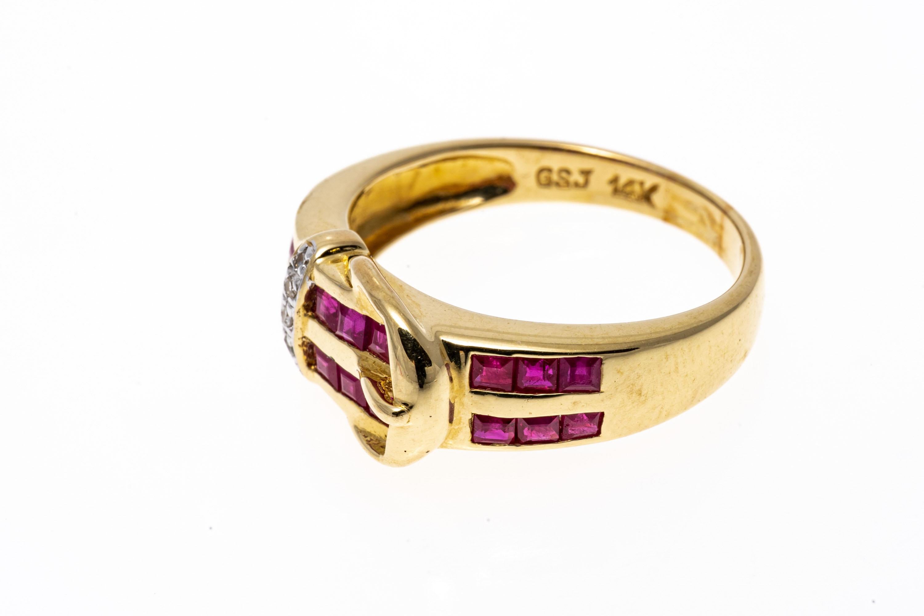 14k Yellow Gold Square Ruby and Diamond Buckle Ring In Good Condition For Sale In Fairfield, CT
