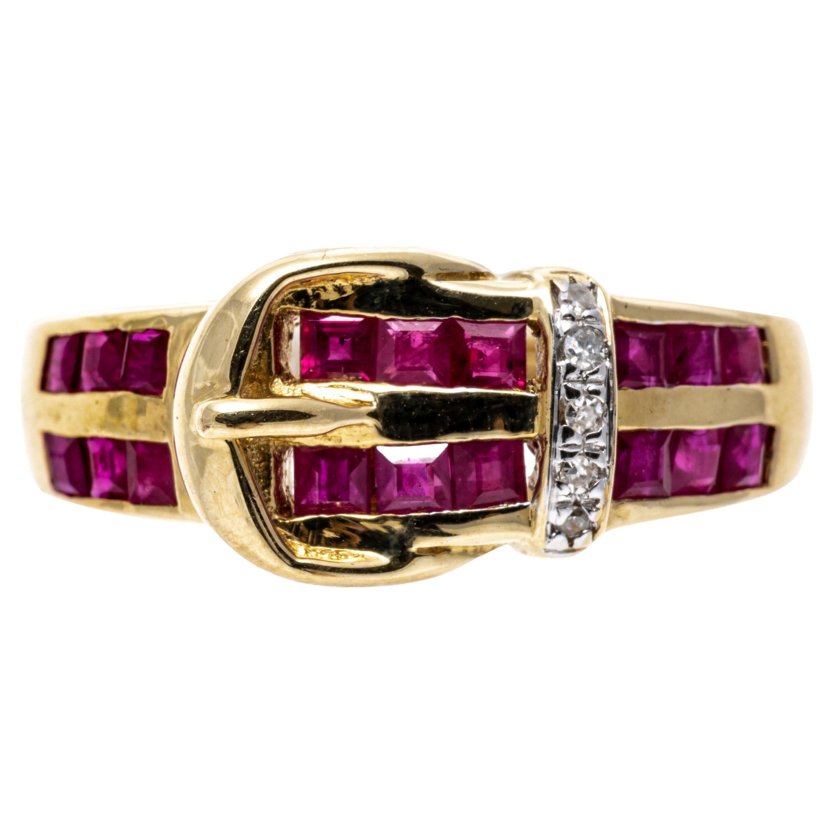 14k Yellow Gold Square Ruby and Diamond Buckle Ring For Sale