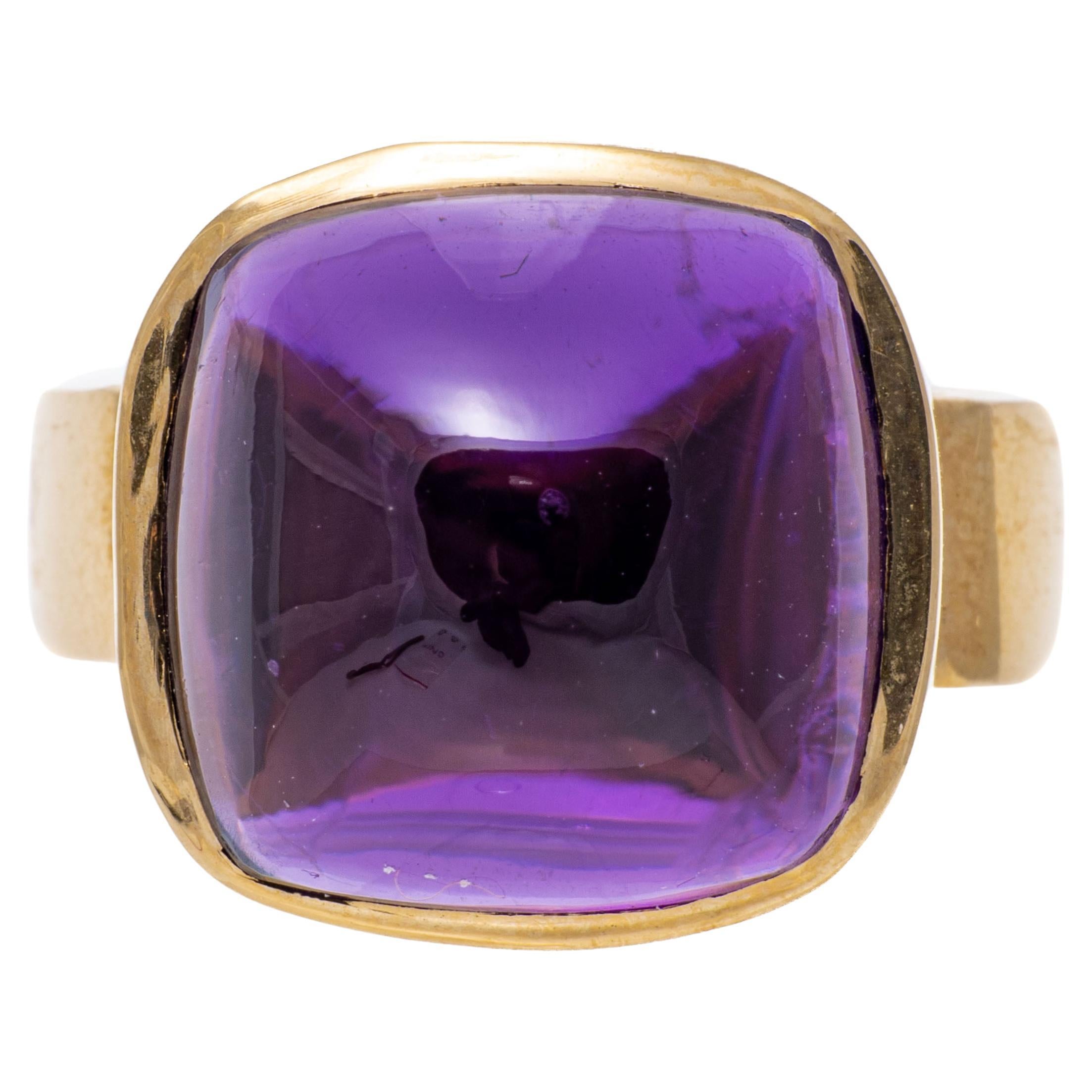 14k Yellow Gold Square Sugarloaf Amethyst Modern Ring For Sale