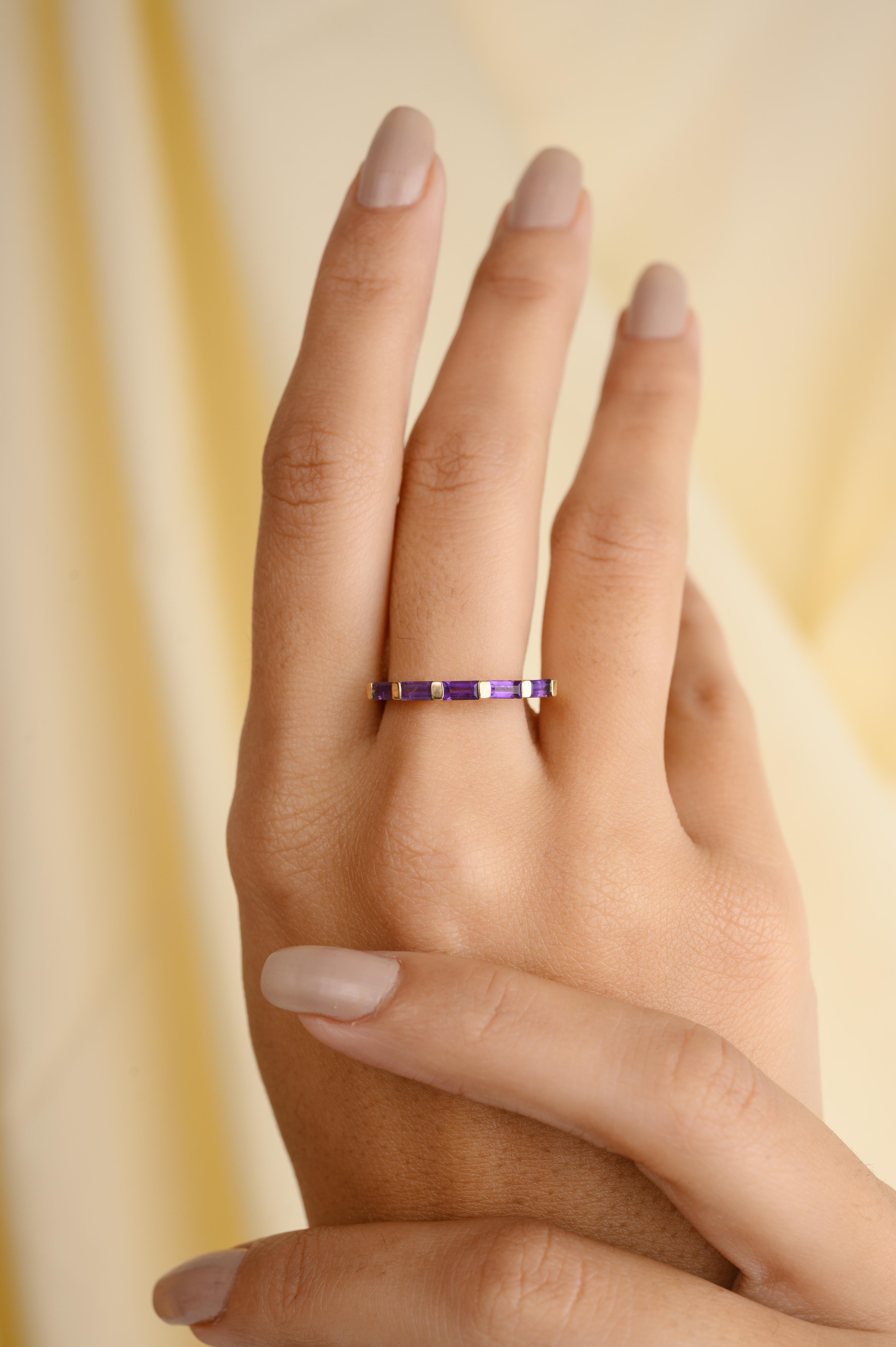 For Sale:  14k Yellow Gold Stackable Amethyst Half Band Ring Gift for Her 6
