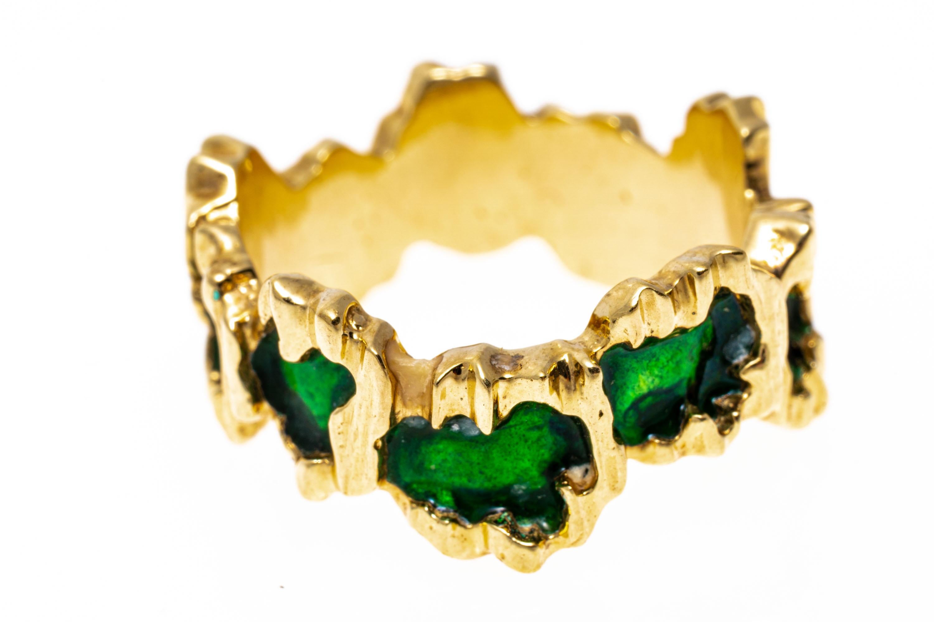 Modern 14k Yellow Gold Staggered Green Enamel Wide Band Green For Sale