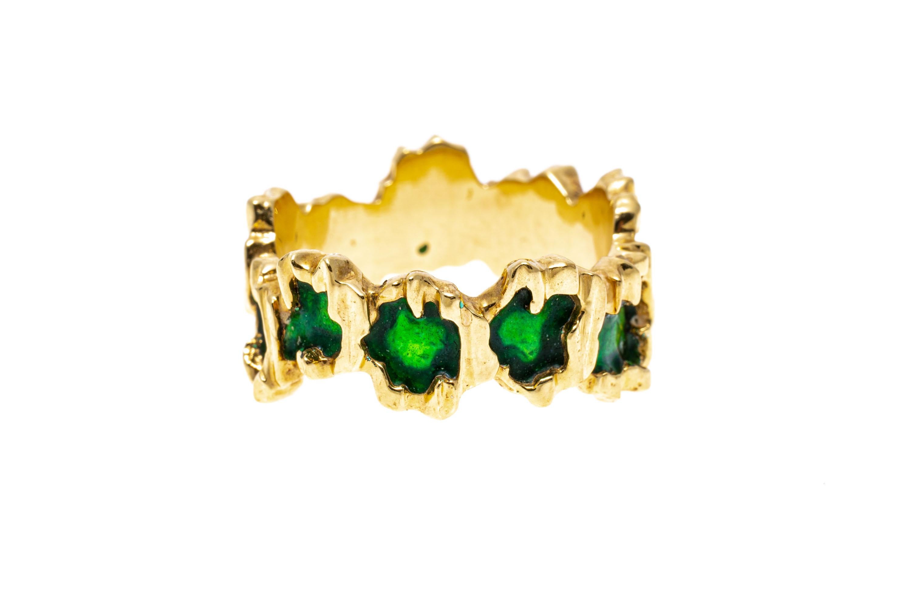 14k Yellow Gold Staggered Green Enamel Wide Band Green For Sale 3