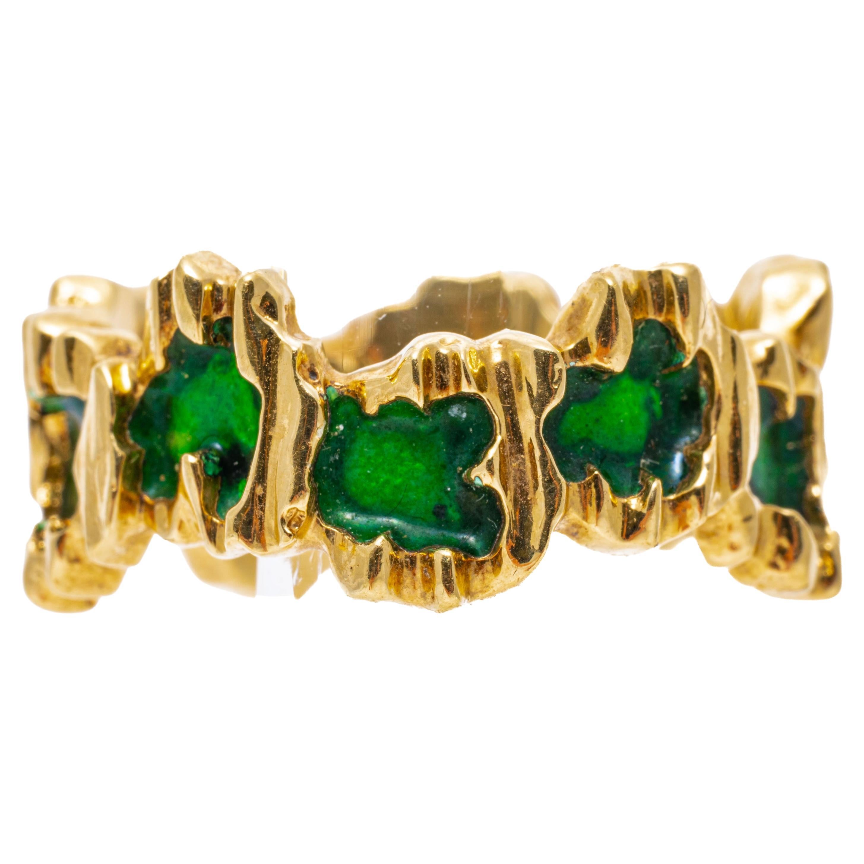 14k Yellow Gold Staggered Green Enamel Wide Band Green For Sale