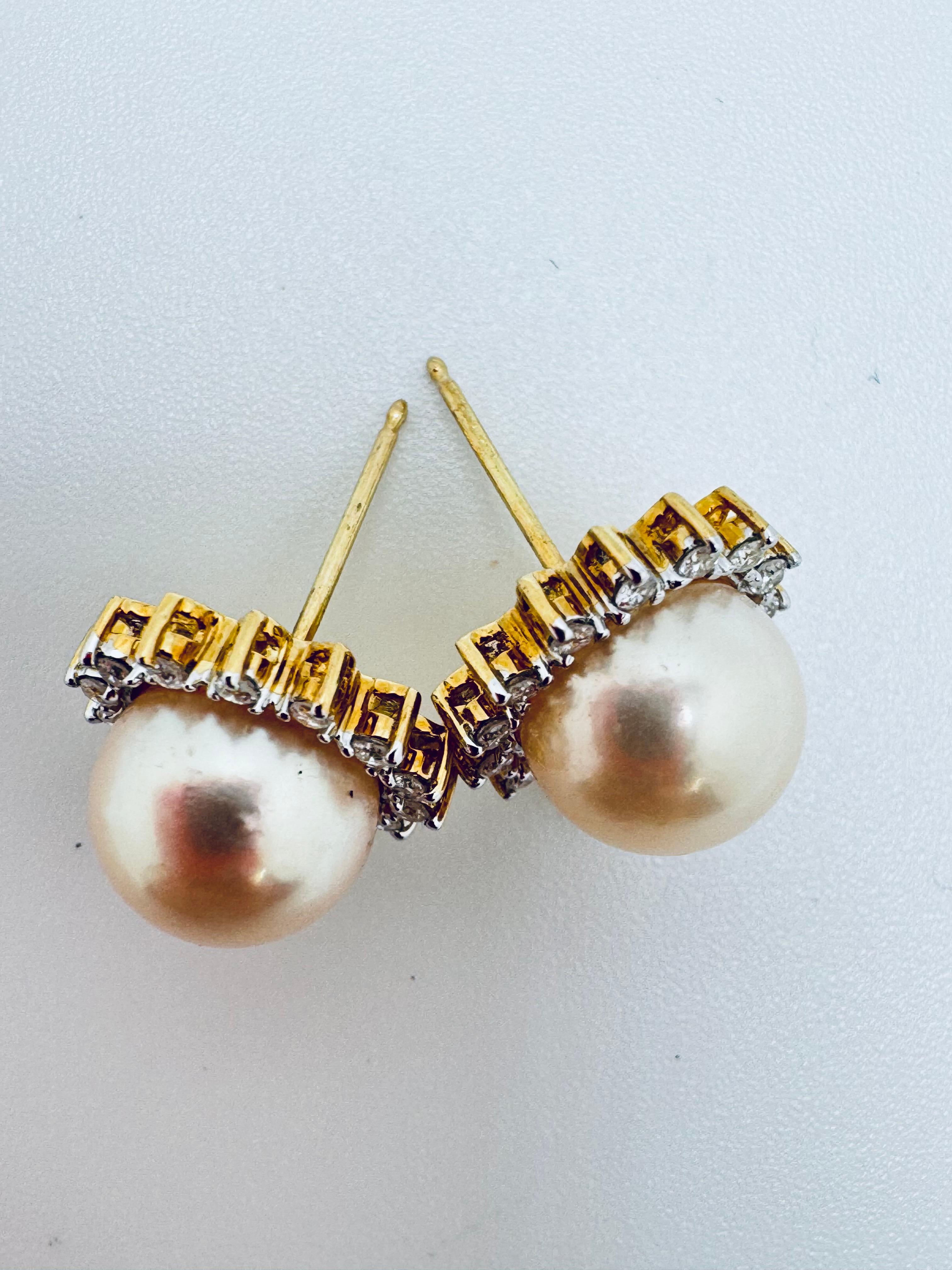 Art déco Boucles d'oreilles en or jaune 14K avec diamant étoilé et perle d'Akoya en vente